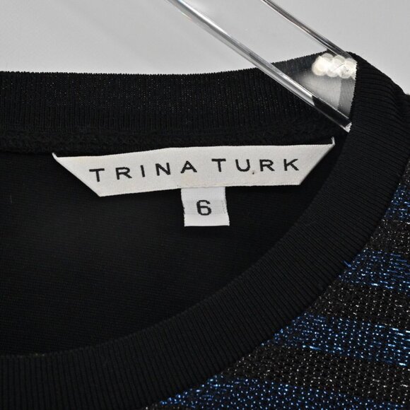 TRINA TURK‎ Dress Womens Sz 6 Metallic Black Blue Stripe Scoop Neck Mini Sweater - Picture 8 of 13